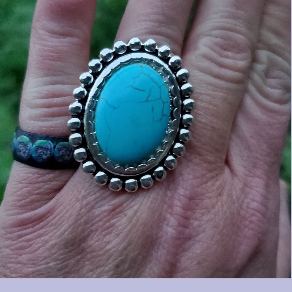 Free Spirit Boho Native South Western People Faux Turquoise Oval Beaded Ring nwt - Picture 8 of 15